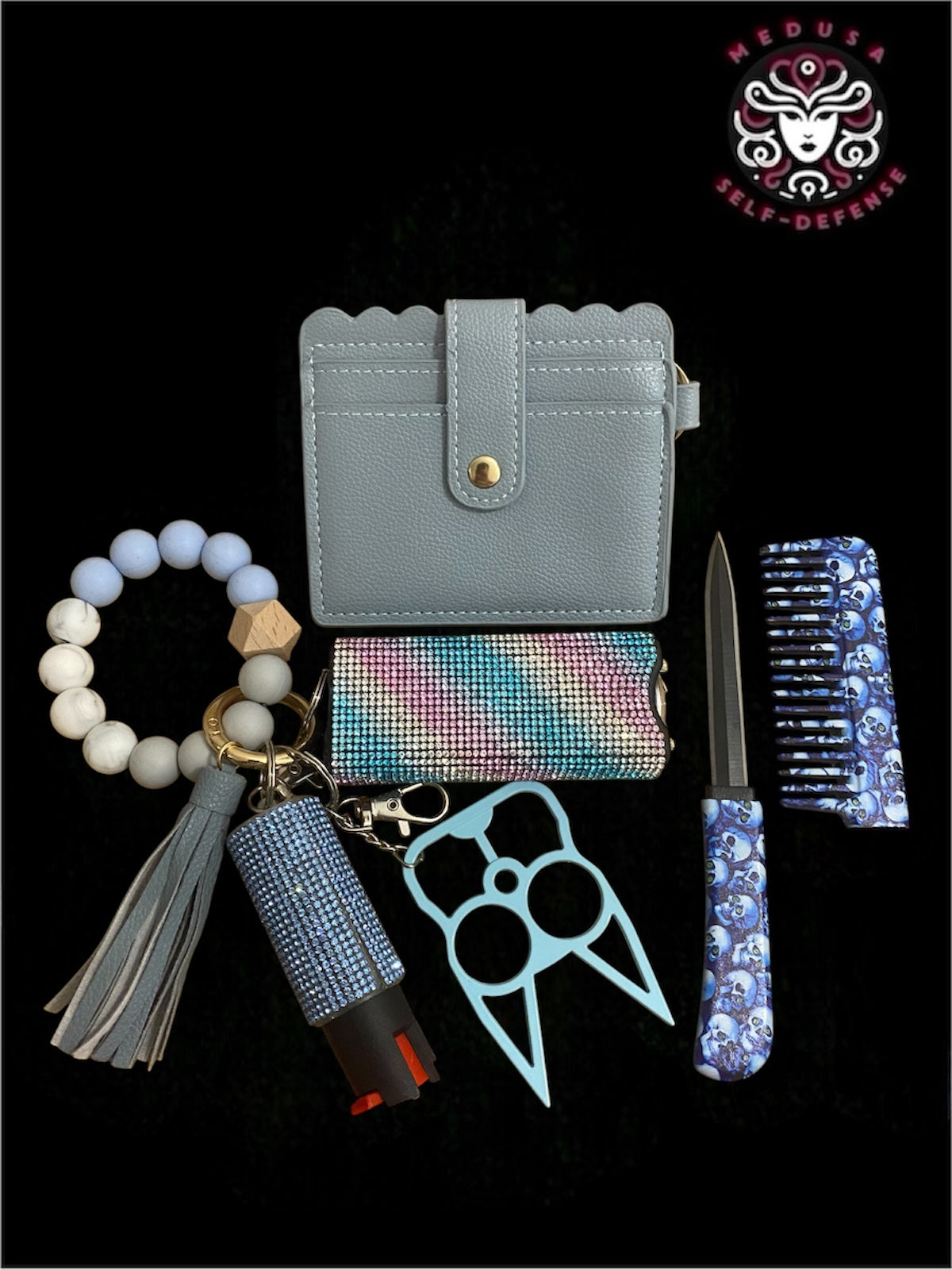 KIT SELF DEFENSE COMB KNIFE STRISCE CELESTE ROSA