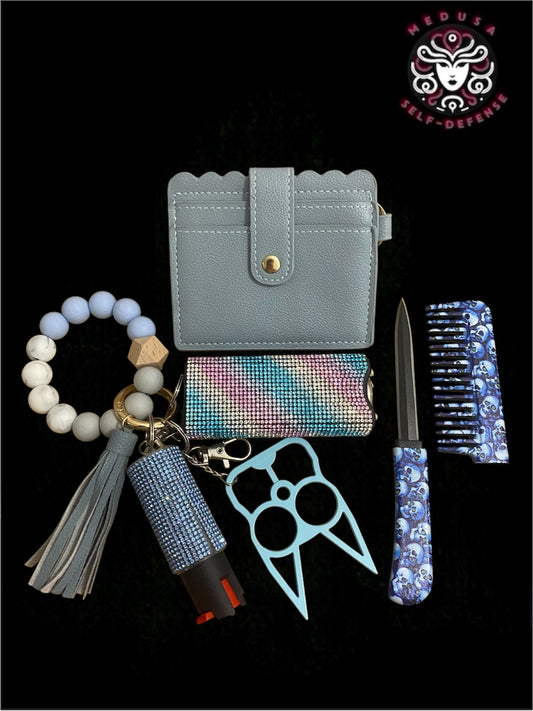 KIT SELF DEFENSE COMB KNIFE STRISCE CELESTE ROSA